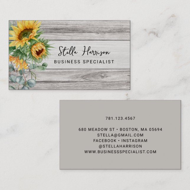Rustic Wood Print Sunflower Business Card (Front/Back)