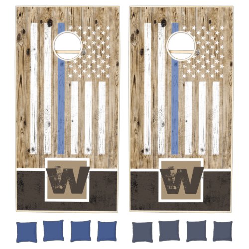 Rustic Wood Print Thin Blue Line USA Flag Monogram Cornhole Set