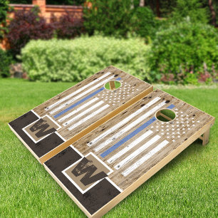 Rustic Wood Print Thin Blue Line USA Flag Monogram Cornhole Set