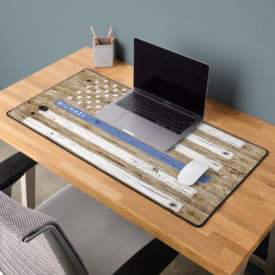 Rustic Wood Print Thin Blue Line USA Flag Monogram Desk Mat