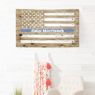 Rustic Wood Print Thin Blue Line USA Flag Name Banner