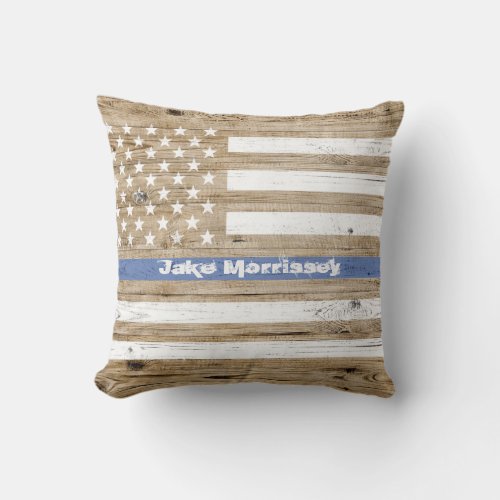 Rustic Wood Print Thin Blue Line USA Flag Name Throw Pillow