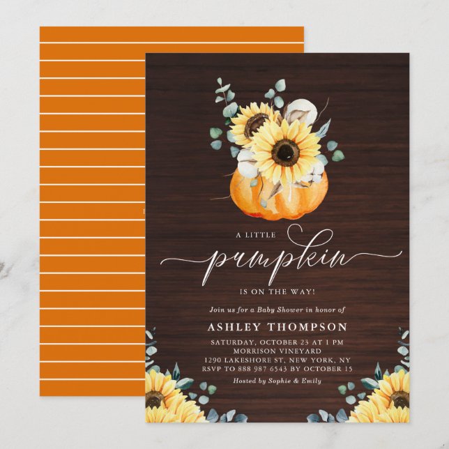 Rustic Wood Pumpkin and Sunflower Fall Baby Shower Invitation (Front/Back)