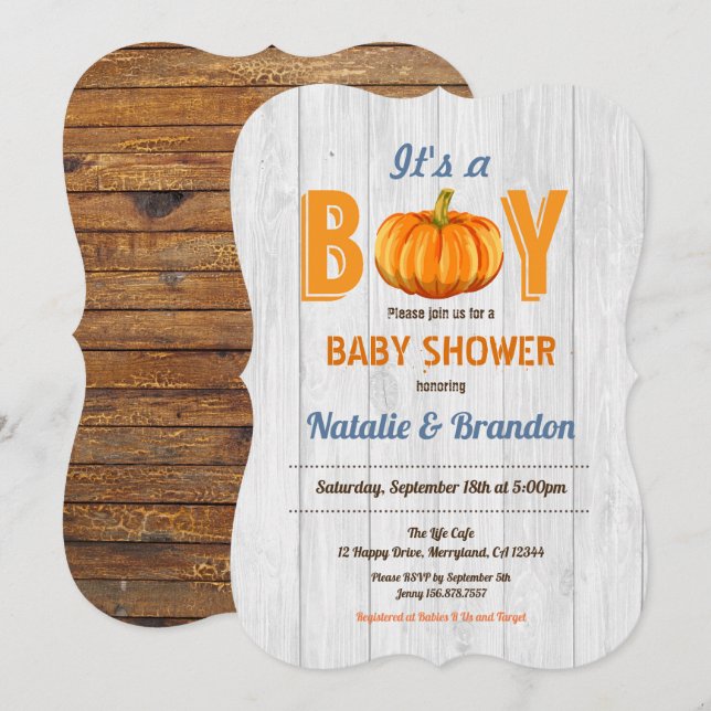 Rustic wood pumpkin baby boy shower invitation (Front/Back)