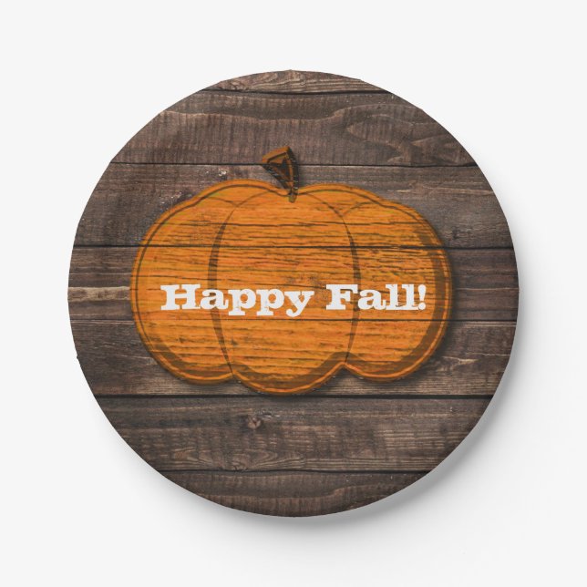 Rustic Wood Pumpkin Country Halloween Fall Party Paper Plates (Front)