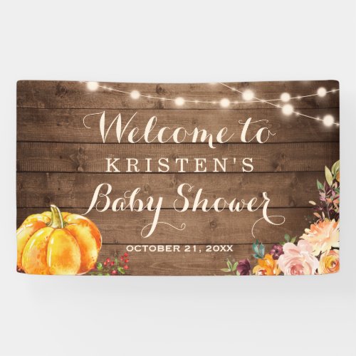 Rustic Wood Pumpkin Floral Fall Autumn Baby Shower Banner - Rustic Wood String Lights Pumpkin Floral Fall Autumn Baby Shower Party Banner. 
(1) For further customization, please click the "customize further" link and use our design tool to modify this template. 
(2) If you need help or matching items, please contact me.