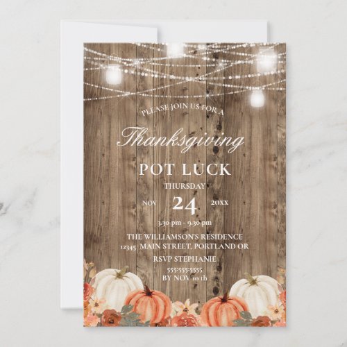 Rustic Wood Pumpkin  Floral Thanksgiving Pot Luck Invitation