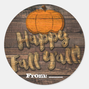 Rustic Wood Pumpkin Happy Fall Y'all Autumn Favor Classic Round Sticker