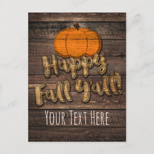 Rustic Wood Pumpkin Happy Fall Yall Fall Greeting Announcement Postcard