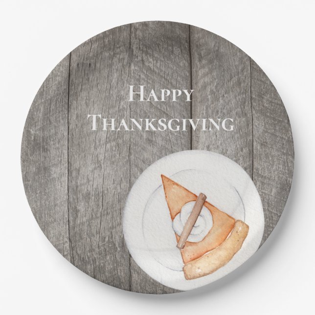 Rustic Wood Pumpkin Pie Happy Thanksgiving Paper Plates (Front)