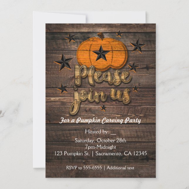 Rustic Wood Pumpkin & Stars Autumn Invitations (Front)