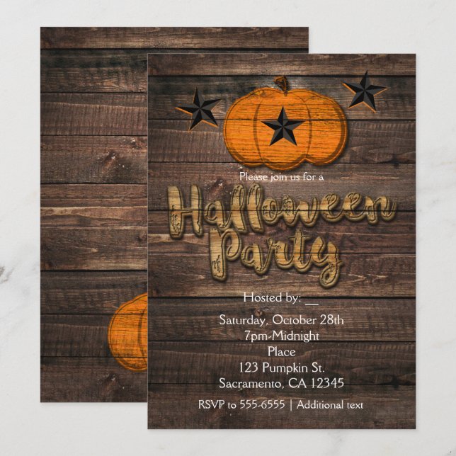 Rustic Wood Pumpkin & Stars Halloween Invitations (Front/Back)