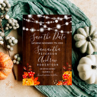 Rustic wood pumpkin string lights save the date