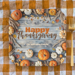 Rustic Wood Pumpkins and Wheat Thanksgiving Paper Plates