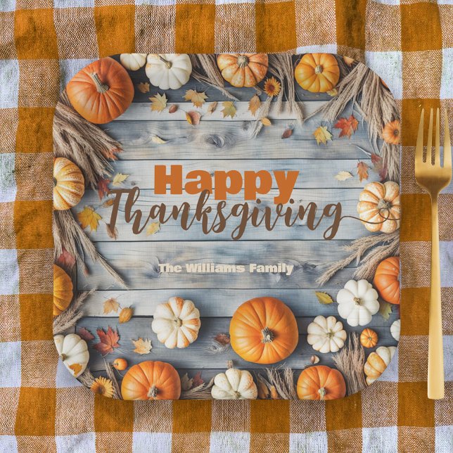 Rustic Wood Pumpkins and Wheat Thanksgiving Paper Plates (Creator Uploaded)
