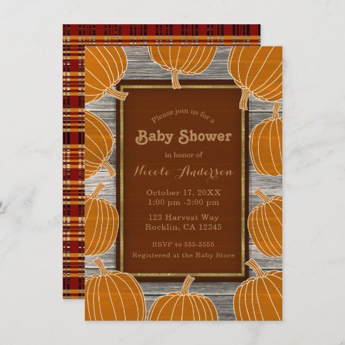 Rustic Wood  Pumpkins Fall Baby Shower Party Invitation