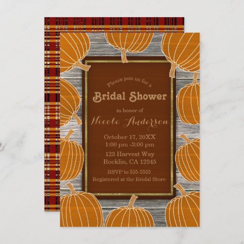 Rustic Wood  Pumpkins Fall Bridal Shower Party Invitation