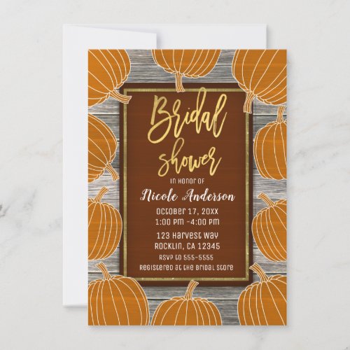 Rustic Wood Pumpkins Fall Gold Foil Bridal Shower Invitation