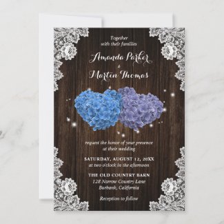 Rustic Wood Purple and Blue Floral Hearts Wedding Invitation