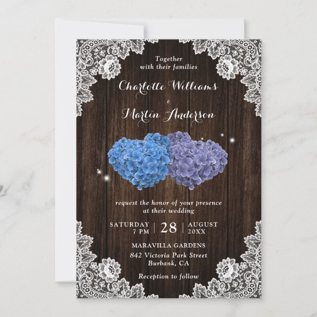 Rustic Wood Purple and Blue Floral Hearts Wedding Invitation (Front)