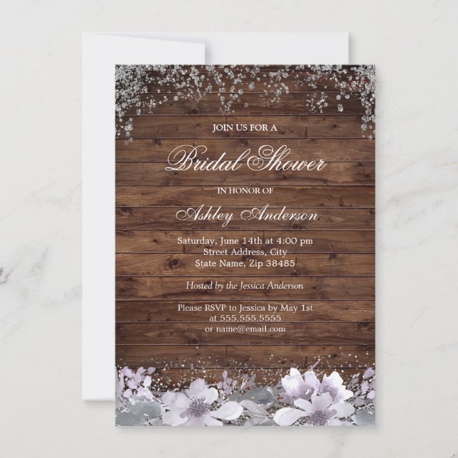 Rustic Wood Purple Floral Bridal Shower Invite (Front)