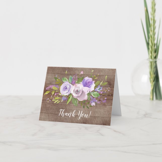 rustic Wood Purple Floral Bridal Shower Thank You (Front)