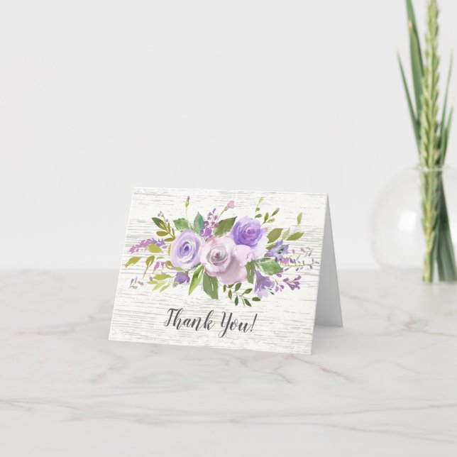 rustic Wood Purple Floral Bridal Shower Thank You (Front)