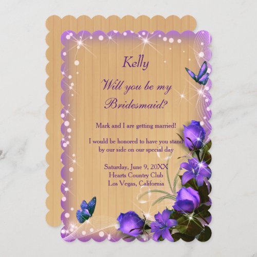 Rustic Wood Purple Floral Butterfly Bridesmaid Invitation