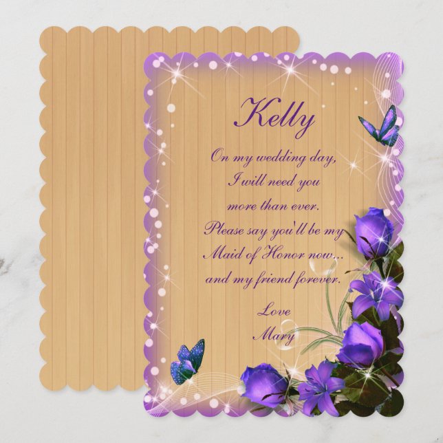 Rustic Wood Purple Floral Butterfly Maid Of Honor Invitation (Front/Back)