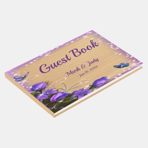Rustic Wood Purple Floral Butterfly Wedding Guest Book