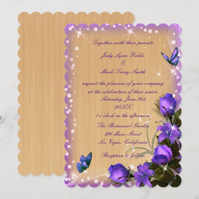 Rustic Wood Purple Floral Butterfly Wedding Invitation (Front/Back)