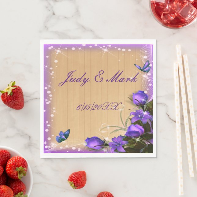 Rustic Wood Purple Floral Butterfly Wedding Paper Napkins (Insitu)