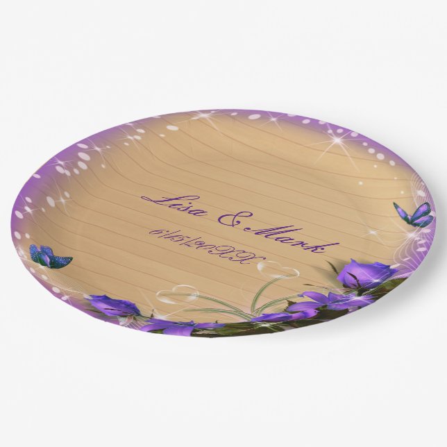 Rustic Wood Purple Floral Butterfly Wedding Paper Plates (Angled)