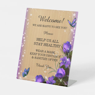 Rustic Wood Purple Floral Butterfly Wedding Safety Pedestal Sign