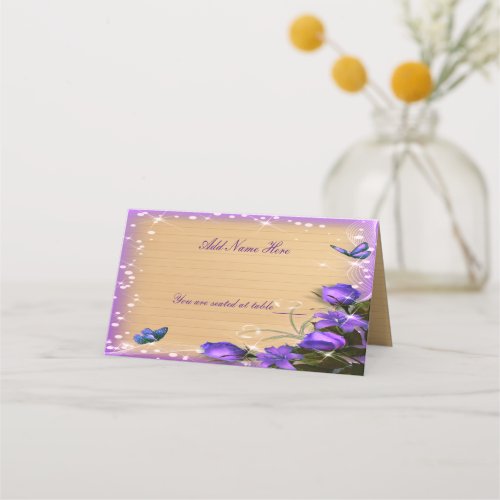 Rustic Wood Purple Floral Butterfly Wedding Table Place Card