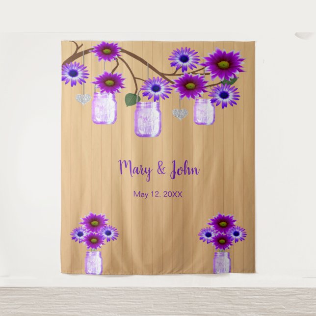 Rustic Wood Purple Floral Mason Jar Photo Backdrop (Front)