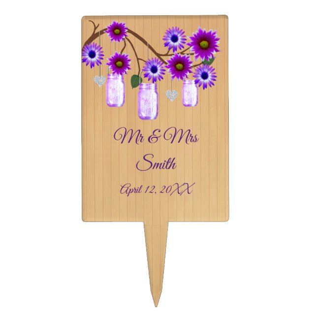 Rustic Wood Purple Floral Mason Jar Wedding Cake Topper (Front)