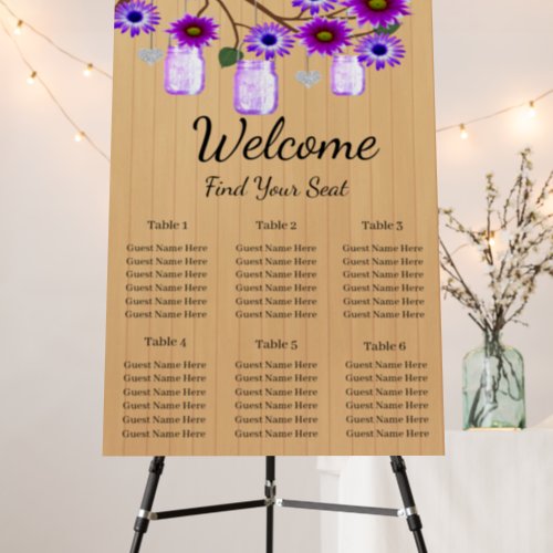 Rustic Wood Purple Floral Mason Jars Seating Chart Foam Board