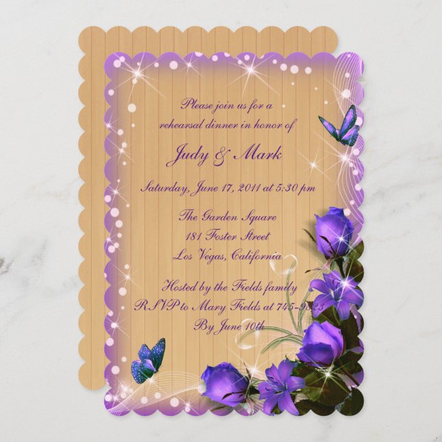 Rustic Wood Purple Floral Rehearsal Dinner Invitation (Front/Back)