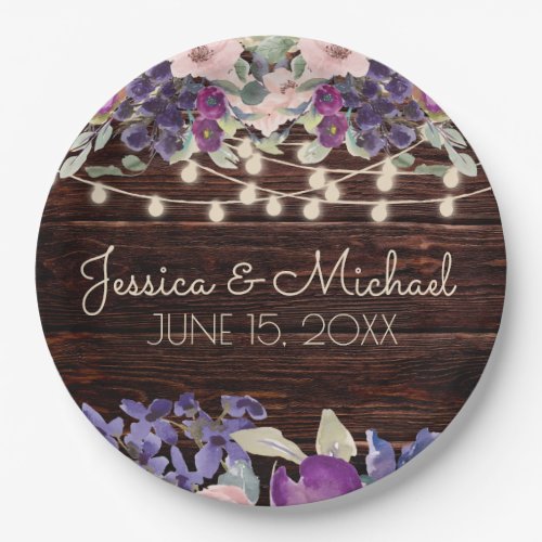 Rustic Wood Purple Floral String Lights Wedding Paper Plates