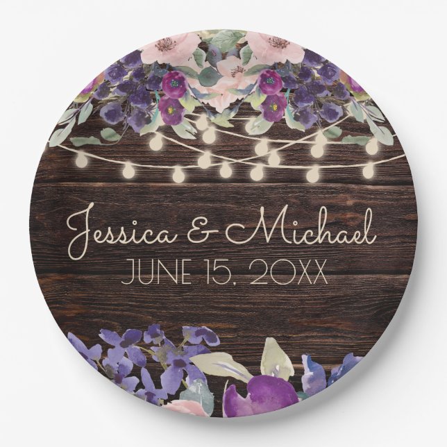Rustic Wood Purple Floral String Lights Wedding Paper Plates (Front)