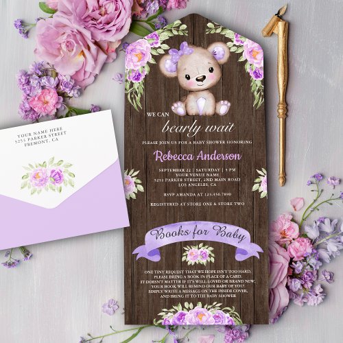 Rustic Wood Purple Floral Teddy Bear Baby Shower All In One Invitation