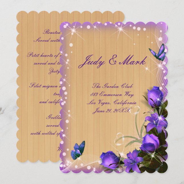Rustic Wood Purple Floral Wedding Menu Card (Front/Back)