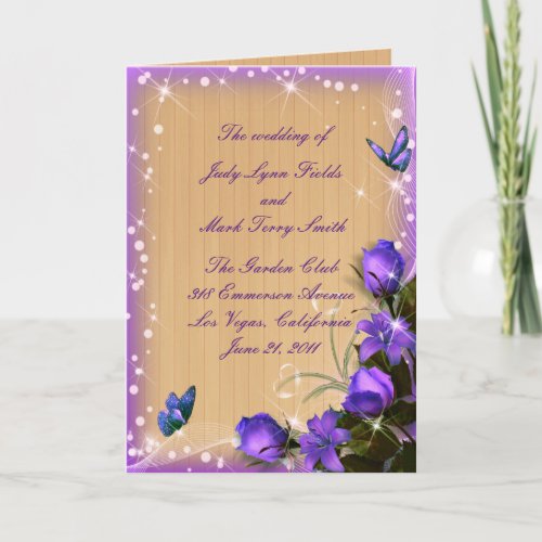 Rustic Wood Purple Floral Wedding Program Card