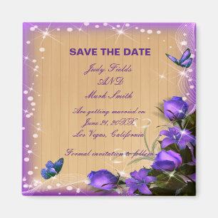 Rustic Wood Purple Floral Wedding Save The Date Magnet