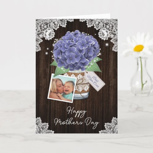 Rustic Wood Purple Flower 2 Photo Mothers Day Card