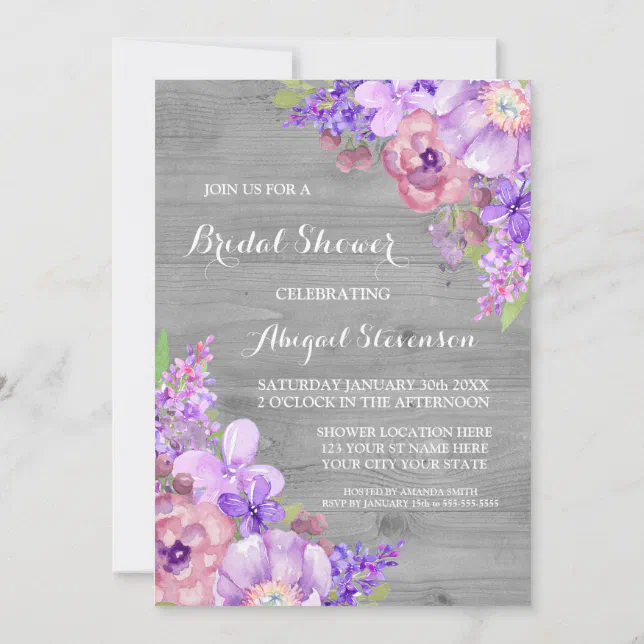 Rustic Wood Purple Flowers Bridal Shower Invitation | Zazzle