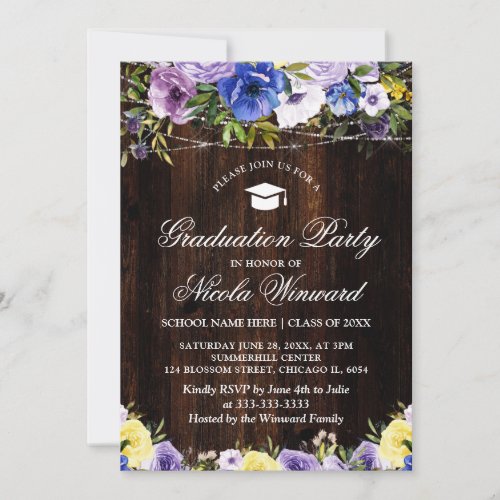Rustic Wood  Purple Flowers Girl Graduation Party Invitation