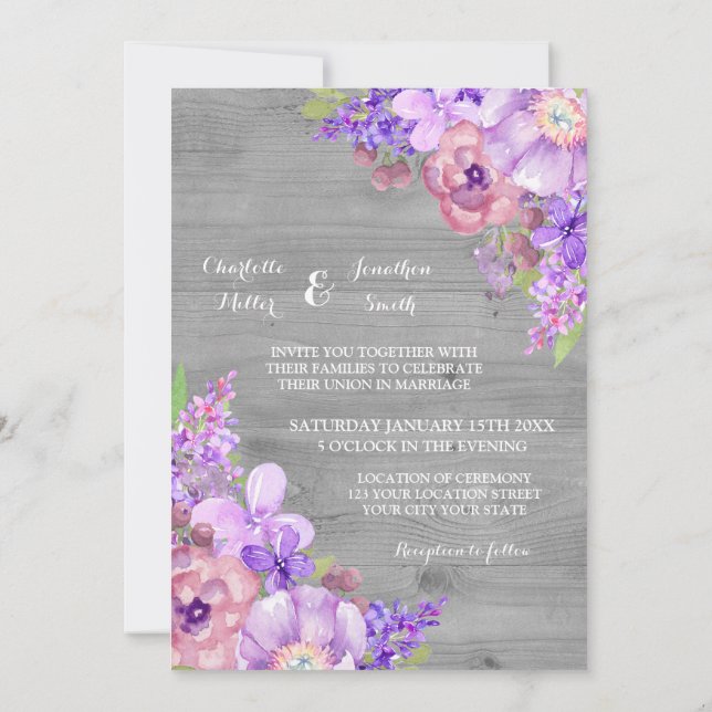 Rustic Wood Purple Flowers Wedding Invitations (Back)