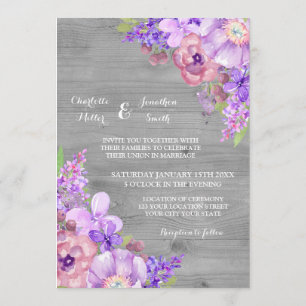 Rustic Wood Purple Flowers Wedding Invitations